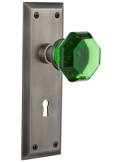New York Mortise Lock Set with Colored Waldorf Crystal Glass Knobs Emerald in Antique Pewter.